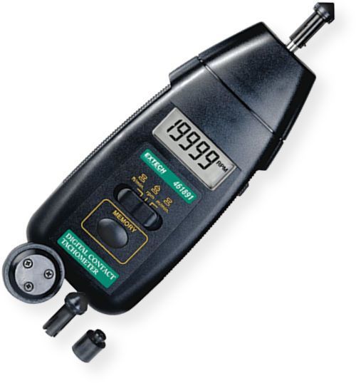 Extech 461891-NIST Contact Tachometer; Large 5 digit LCD display is easy to read; Built-in memory recalls last MAX/MIN value stored; Contact measurements from 0.5 to 19,999rpm plus linear surface speed measures in ft/min or m/min; Autoranging with 0.05 percent accuracy; Dimensions 6.7